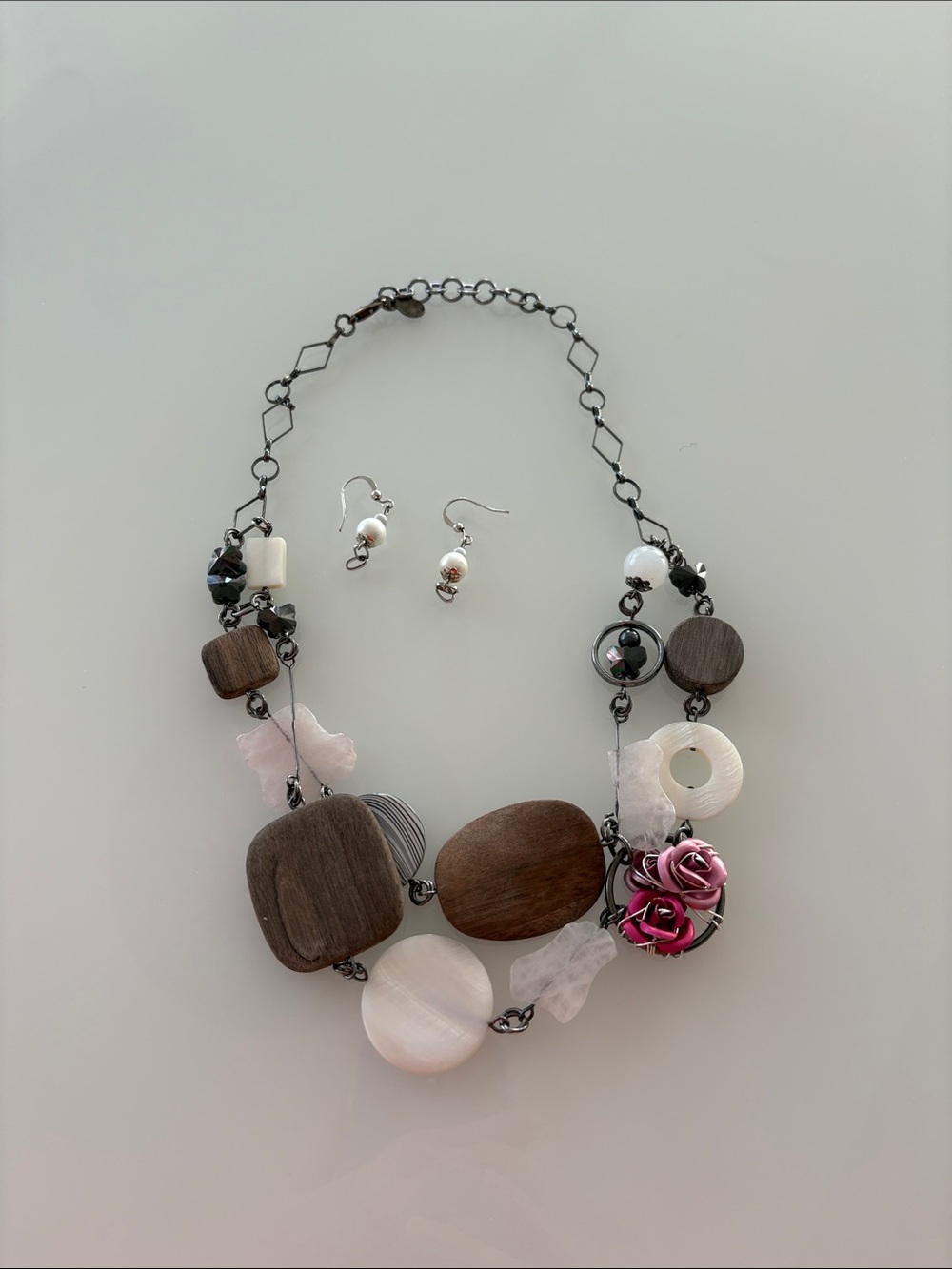Multi-Element Pink and Brown Statement Necklace with Matching Earrings